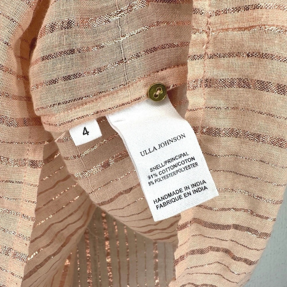 Ulla Johnson Deniz Pink Metallic Stripe Ruffle Sleeve Cotton Blouse Top US 4 / S - Picture 7 of 9